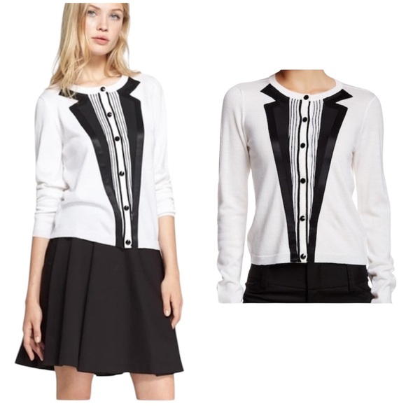 Alice Olivia Cream Black Tuxedo Wool Cardigan Sweater Small - Picture 1 of 4